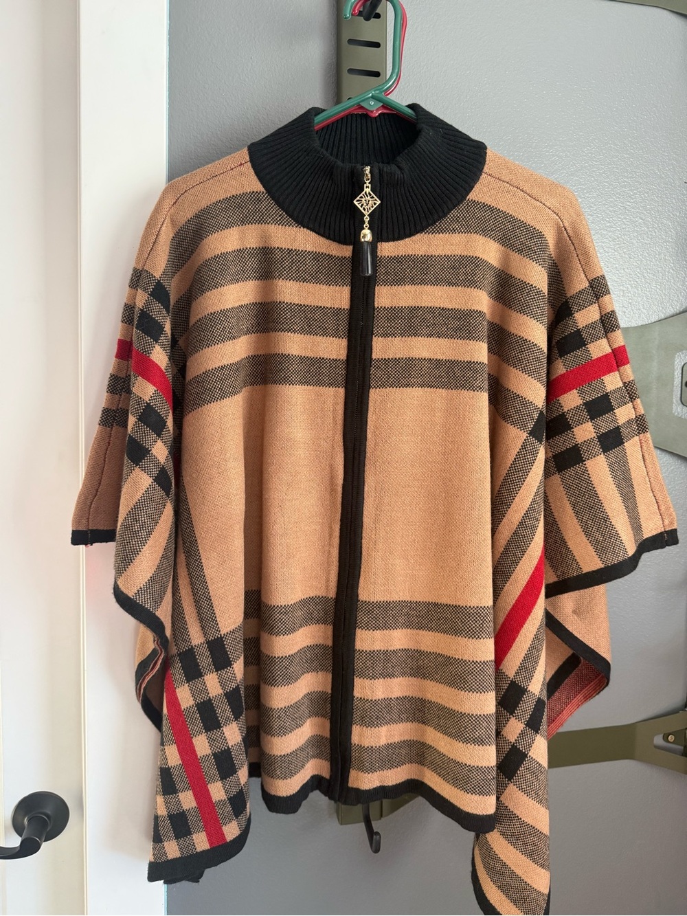 Anne Klein Tan and Black Striped Zip-Front Cape with Red Accents